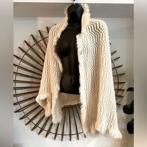 Vintage cream knit cape with fringe trim